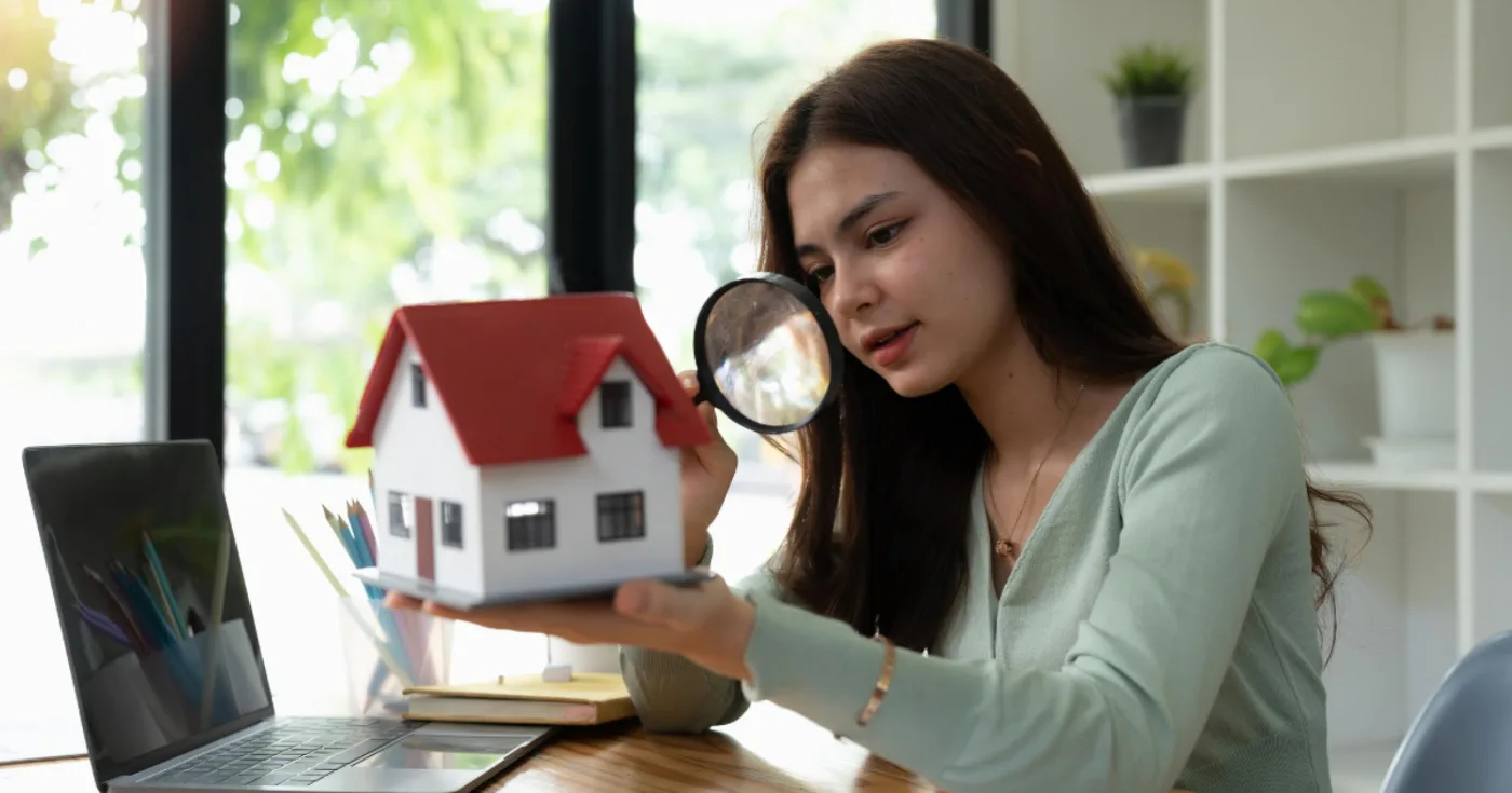 Woman inspecting a model house with a magnifying glass