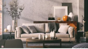 Styled living room with a sofa, side tables and decorative vases