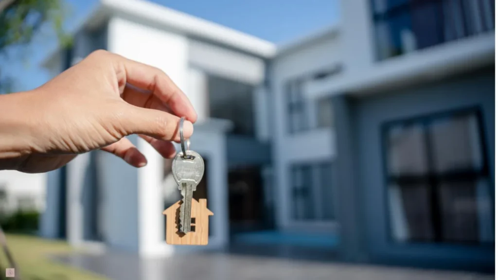 Hand holding house keys in front of a modern home