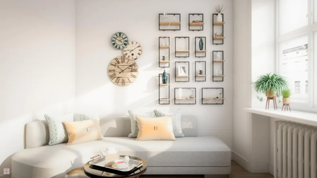 Bright living room with a light sofa and framed wall decor